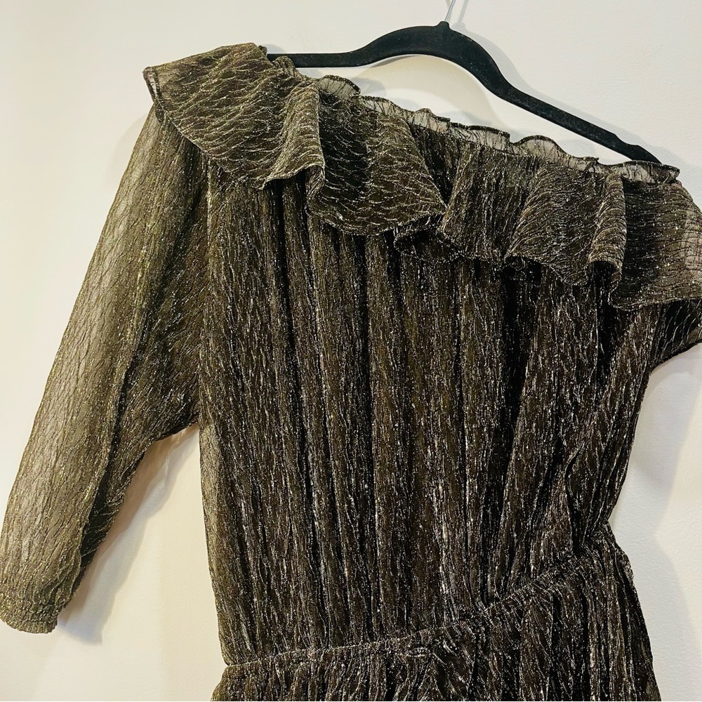 IRO Paris Payham Black Gold Lame One Shoulder Ruffle Sheer Jumpsuit Romper Large - Picture 13 of 17